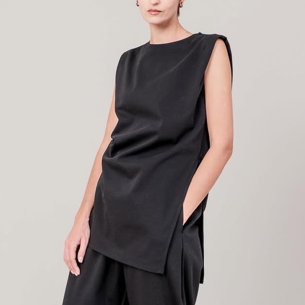 Domelle Japanese Black Ruched Sleeveless Jersey Top S Minimalist Quiet Luxury